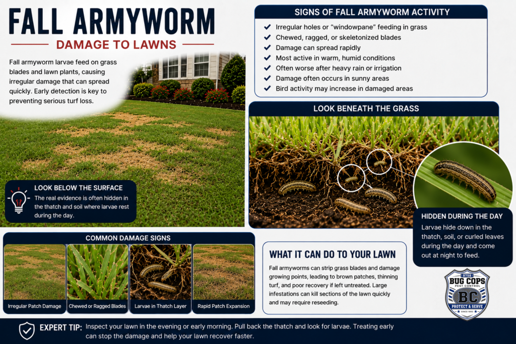 Fall armyworm lawn damage showing chewed grass blades, thinning brown turf, rapid patch expansion, and larvae in the thatch