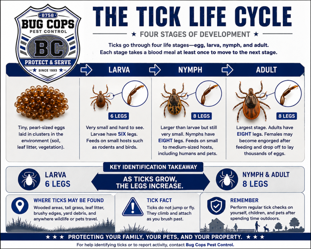 Tick identification guide infographic showing egg, six-legged larva, eight-legged nymph, and adult tick life stages.