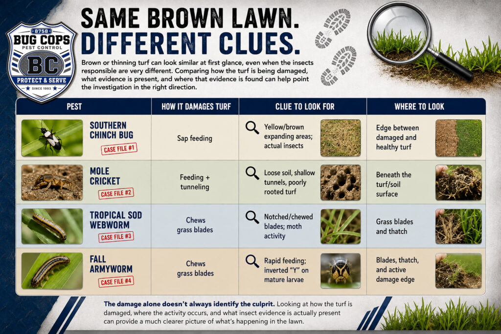 Bug Cops turf-damaging insect identification guide comparing southern chinch bugs, mole crickets, tropical sod webworms, and fall armyworms