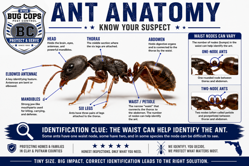 Ant identification guide infographic showing ant anatomy, elbowed antennae, six legs, mandibles, and one-node versus two-node waists