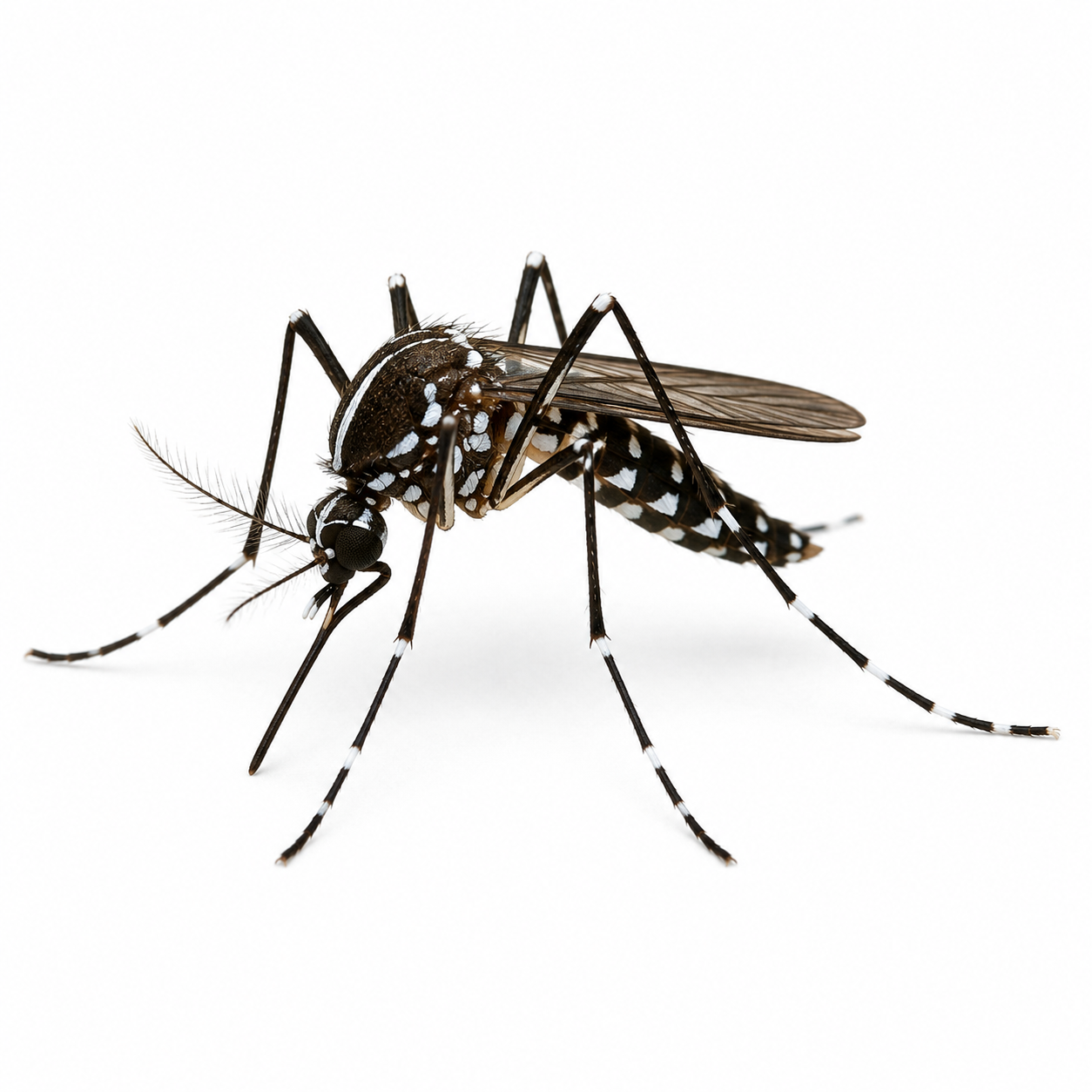 Asian tiger mosquito with a white stripe down the center of its back and distinctive white bands on its legs