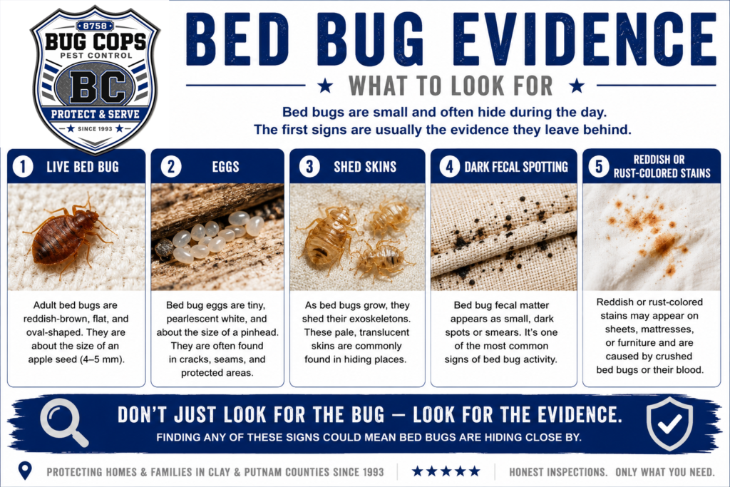 Bed bug identification guide showing live bed bugs, eggs, shed skins, dark fecal spotting, and reddish or rust-colored stains