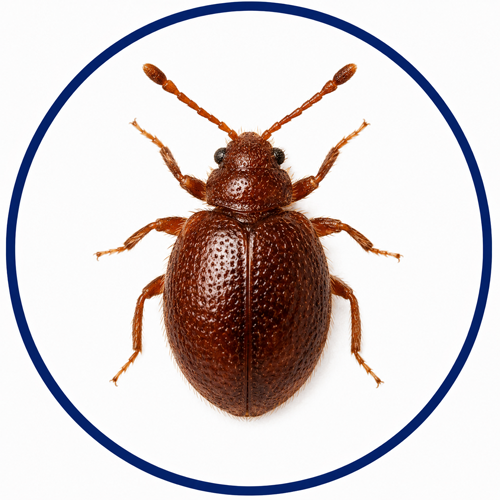 Spider beetle shown inside a blue identification circle as a reddish-brown bed bug look-alike