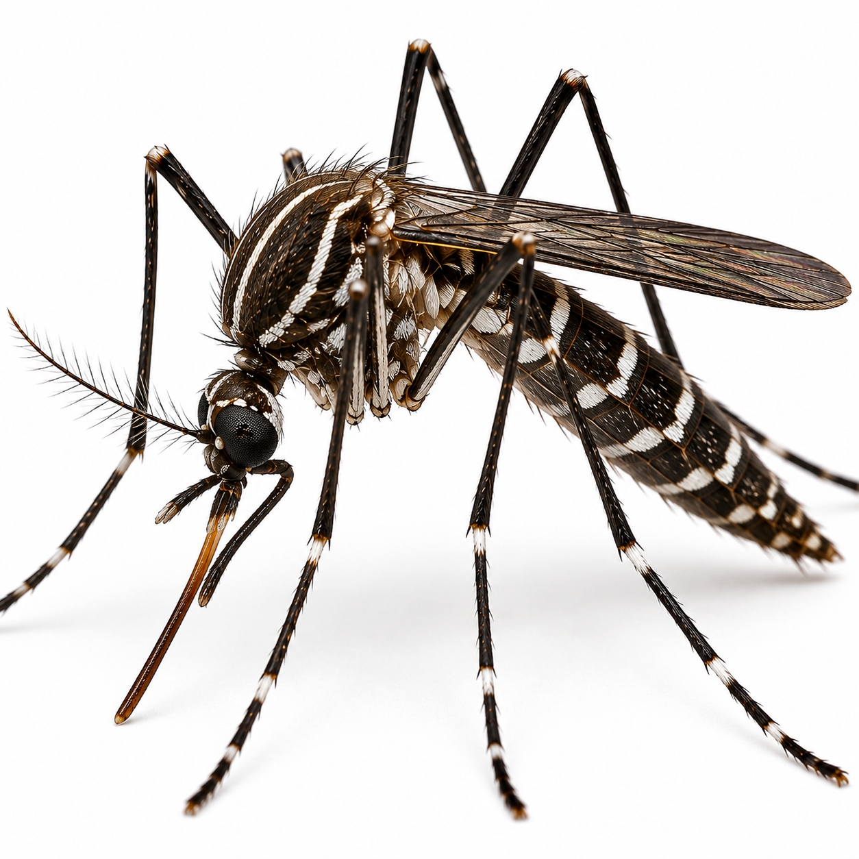 Black saltmarsh mosquito with a dark body, white abdominal bands, banded legs, and a pale band around the proboscis