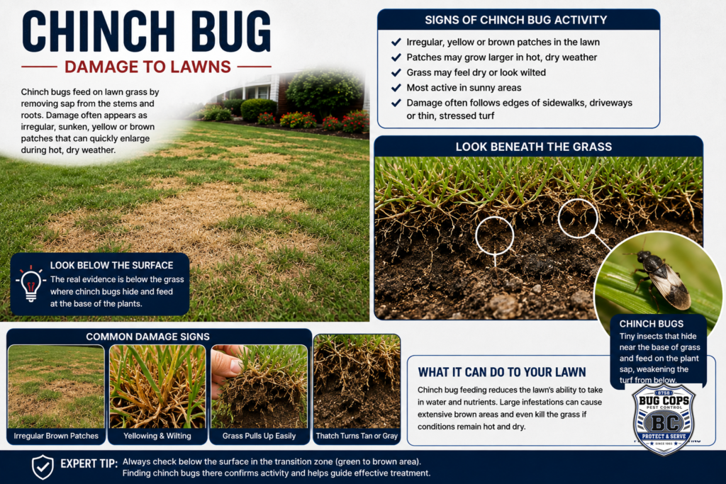 Southern chinch bug lawn damage showing yellow and brown turf, stressed grass, and where to inspect for chinch bug activity