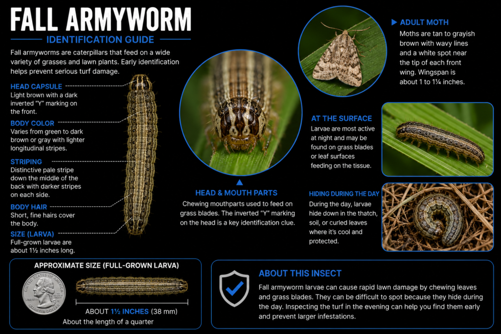 Fall armyworm identification showing caterpillar markings, inverted Y on the head, adult moth, and approximate larval size