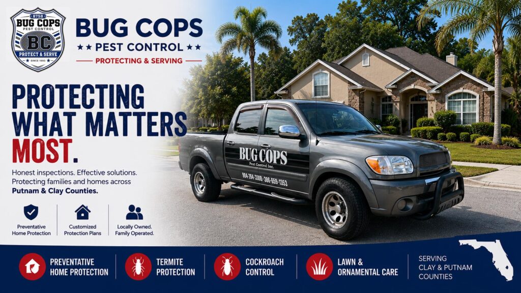 Bug Cops Pest Control gray service truck parked in front of a Florida home with palm trees.