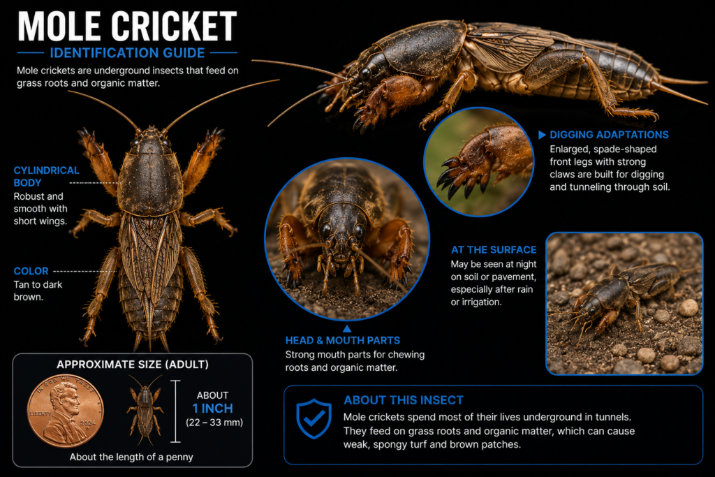 Mole cricket identification showing cylindrical body, digging front legs, head, mouthparts, and approximate adult size