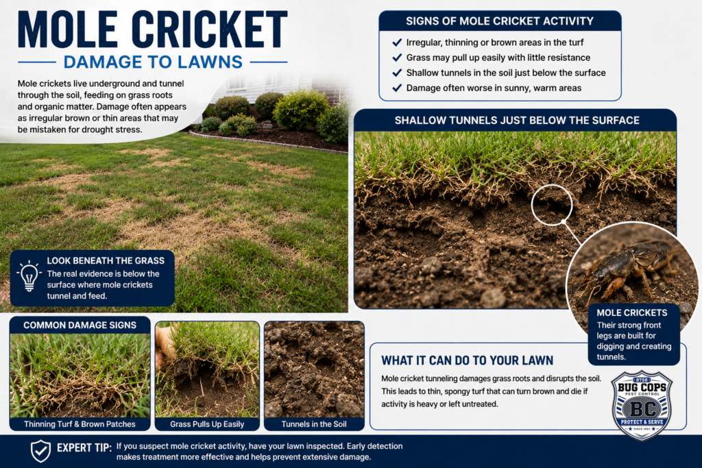 Mole cricket lawn damage showing thinning turf, shallow soil tunnels, disturbed roots, and grass pulling up easily
