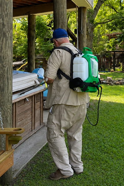 Bug Cops technician applying a preventative pest treatment around the exterior perimeter of a Florida home.