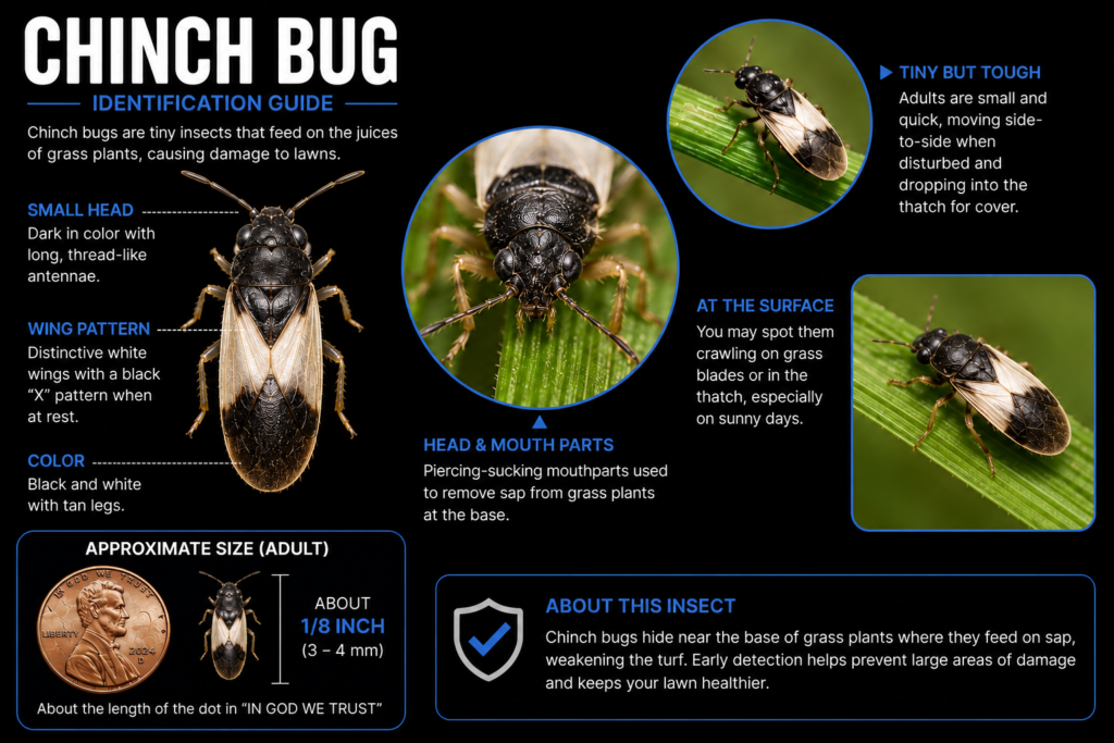 Southern chinch bug identification showing adult features, wing pattern, mouthparts, approximate size, and appearance on grass