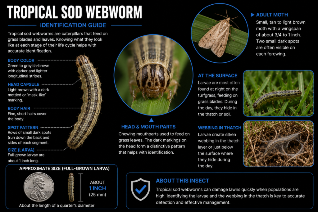 Tropical sod webworm identification showing caterpillar features, adult moth, approximate larval size, and activity in turf and thatch