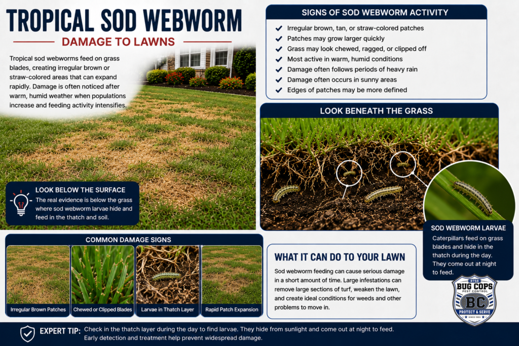 Tropical sod webworm lawn damage showing chewed grass blades, brown turf patches, and larvae hiding in the thatch