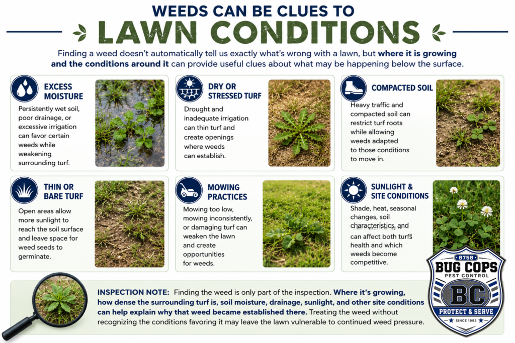 Broadleaf Weed Identification Guide graphic showing lawn conditions that can favor weeds including moisture, drought stress, compacted soil, thin turf, mowing practices, and sunlight