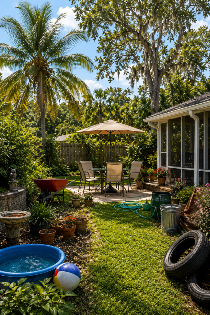 Florida backyard with a kiddie pool, birdbath, flowerpots, tires, containers, hose, and other areas that may collect standing water.