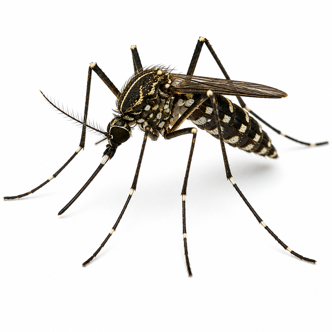 Eastern saltmarsh mosquito with a dark thorax, golden scaling, white abdominal bands, banded legs, and a pale ring on the proboscis.