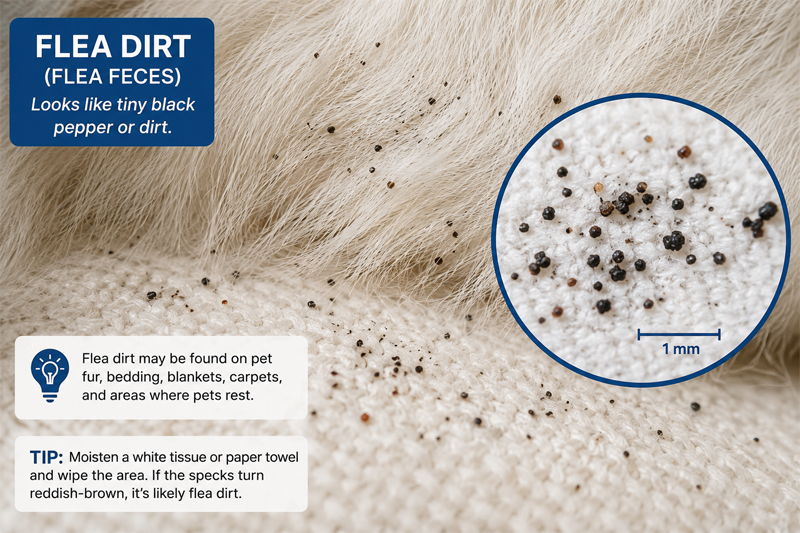 Flea identification guide image showing flea dirt as tiny dark specks on light pet fur and bedding