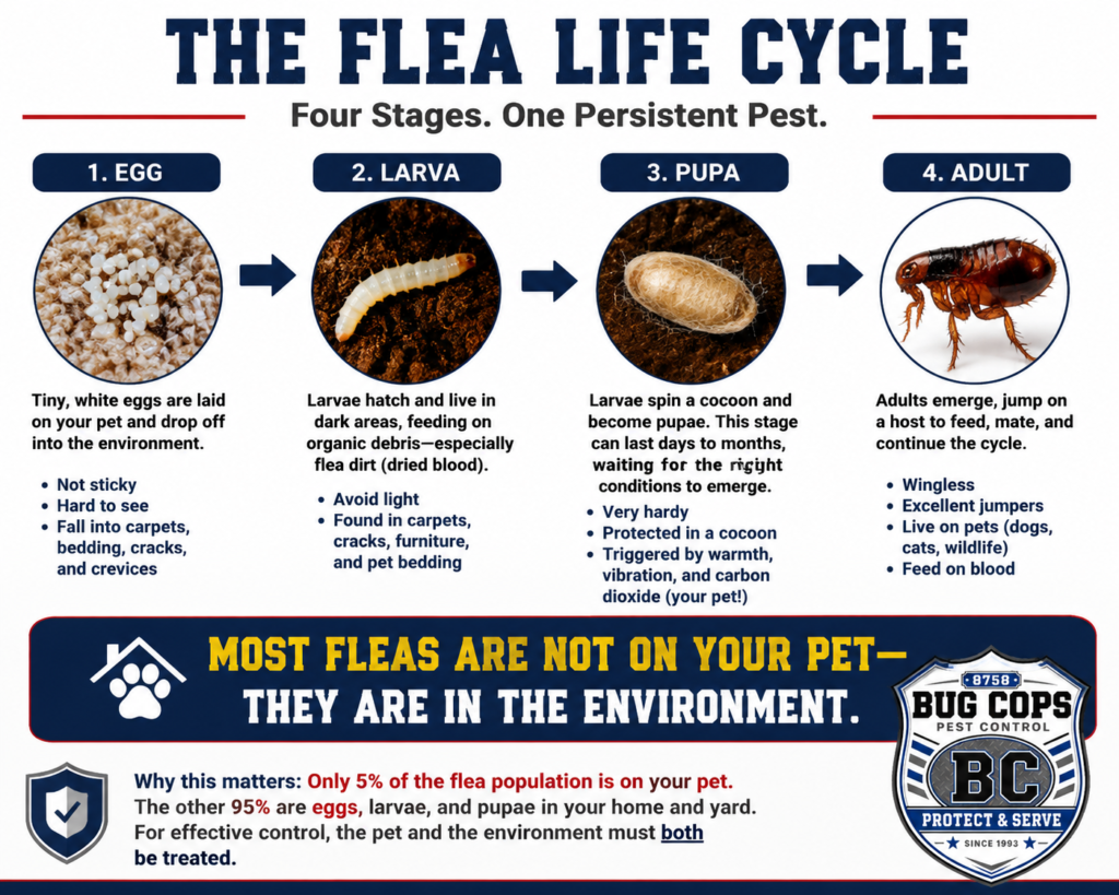 Flea life cycle infographic showing egg, larva, pupa, and adult stages with most flea development occurring in the environment.