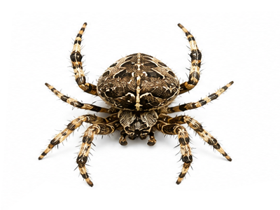 Brown patterned orb-weaver spider with a rounded abdomen and banded legs