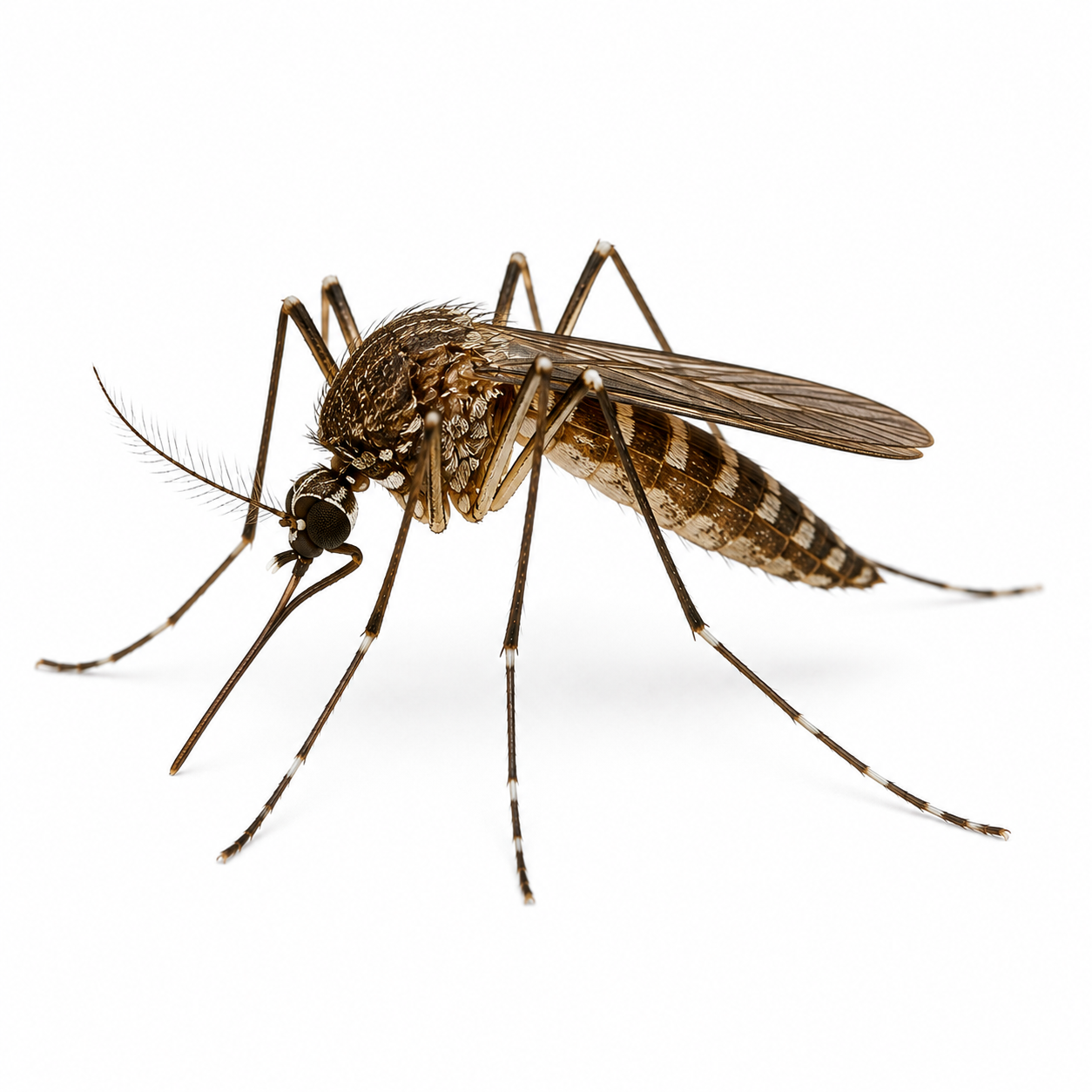 Southern house mosquito with a brown body, long slender legs, and pale banding on the abdomen