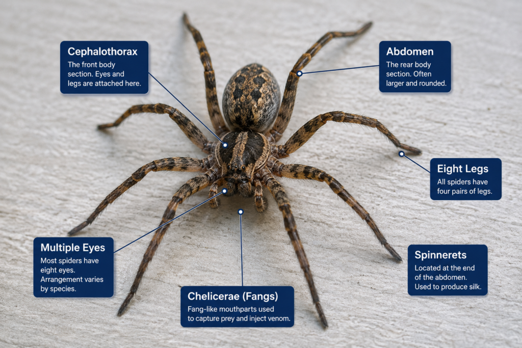 Spider anatomy diagram showing eight legs, abdomen, cephalothorax, multiple eyes, chelicerae, and spinnerets