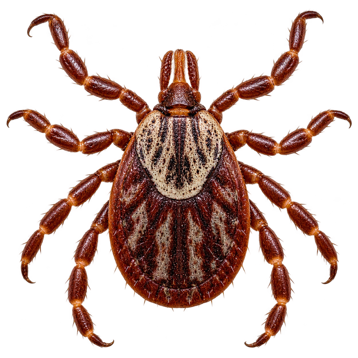 American dog tick with reddish-brown body and distinctive pale gray and cream markings on the back