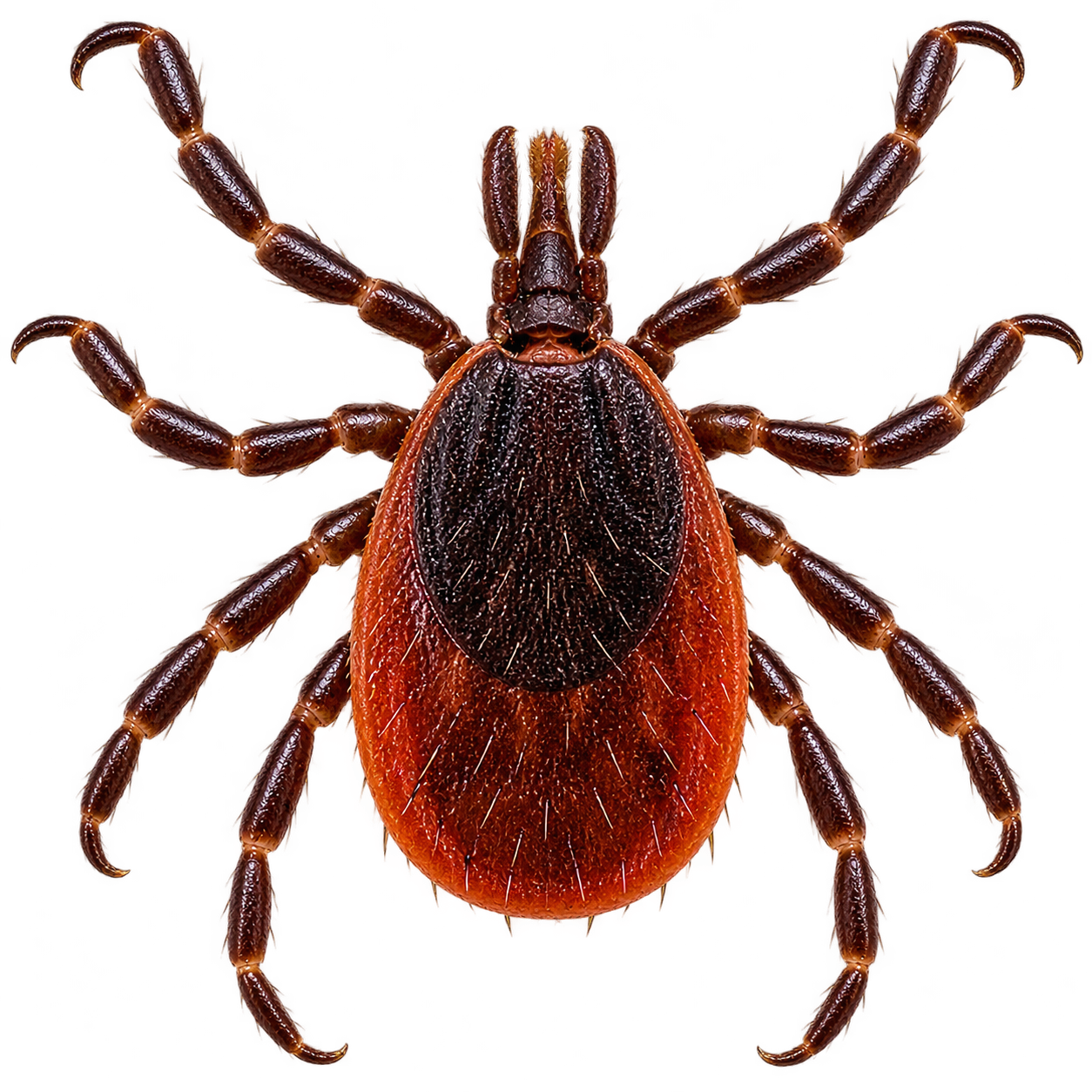 Adult female blacklegged tick with dark legs, black dorsal shield, and contrasting reddish-orange abdomen