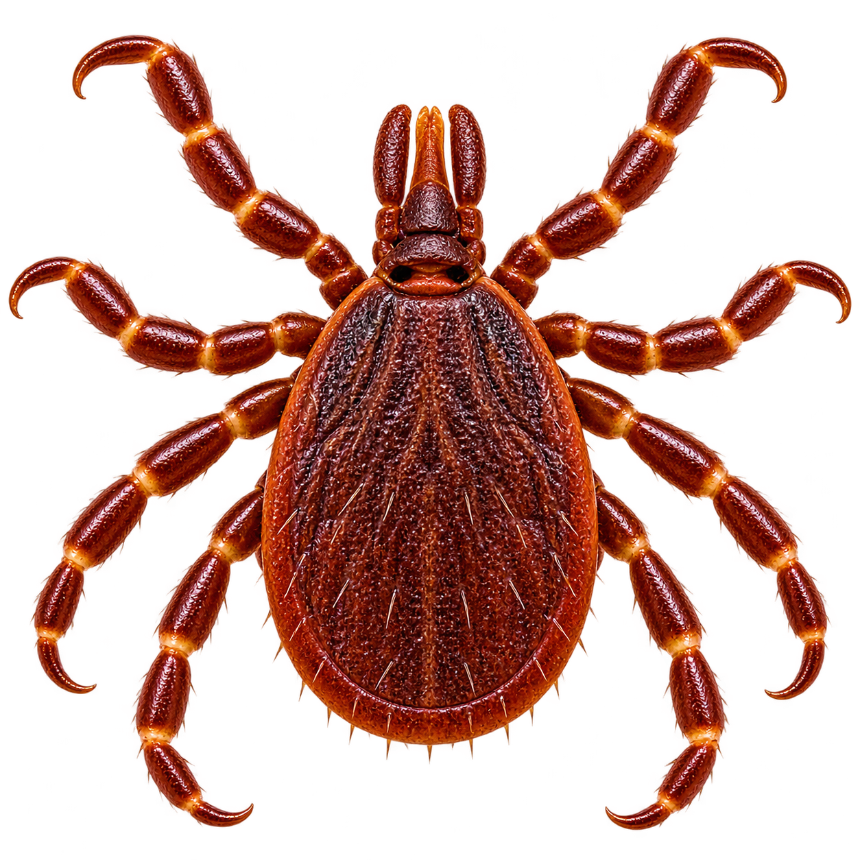 Adult brown dog tick with a reddish-brown body, eight legs, and relatively uniform brown coloration