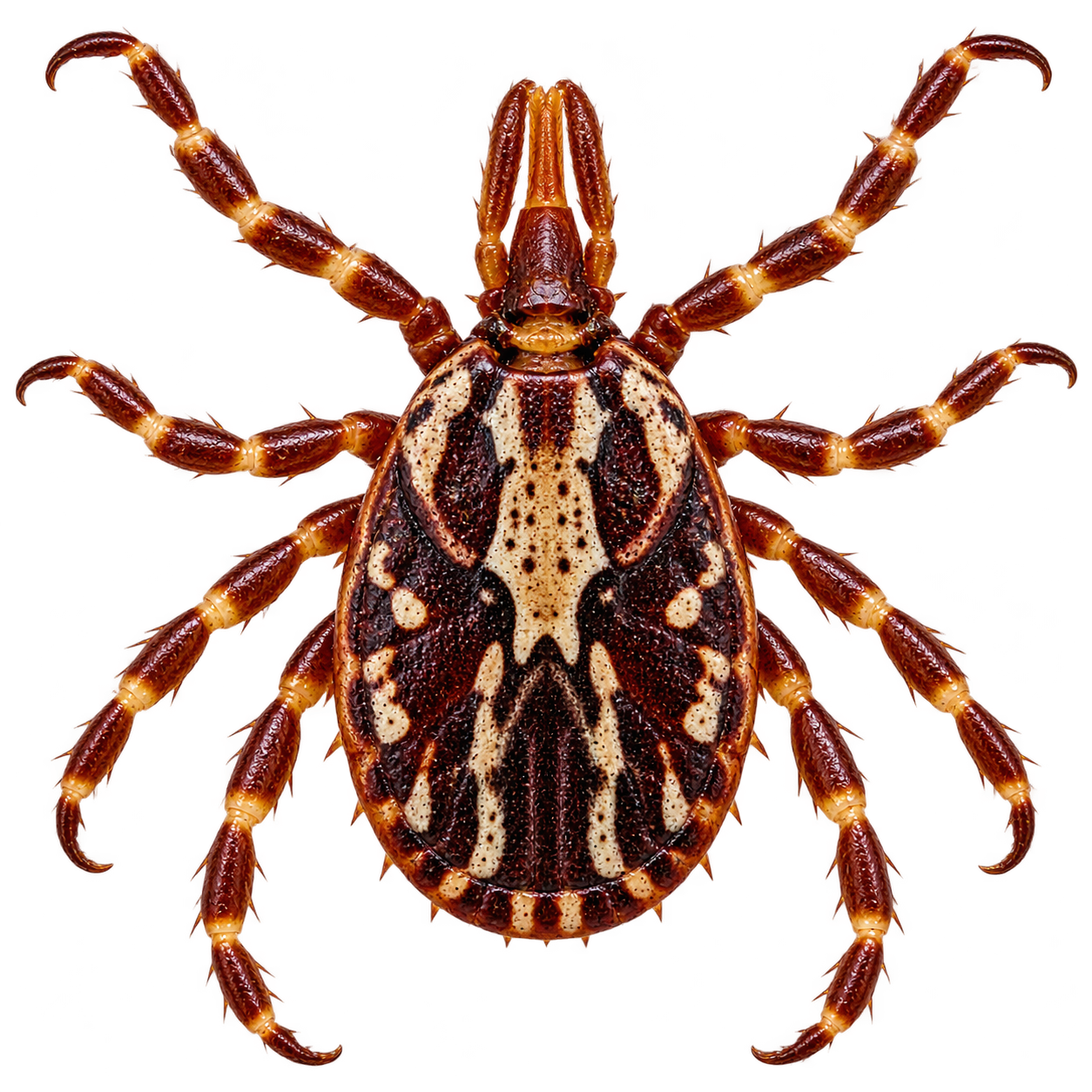 Gulf Coast tick with reddish-brown body, pale ornate markings, long mouthparts, and eight legs