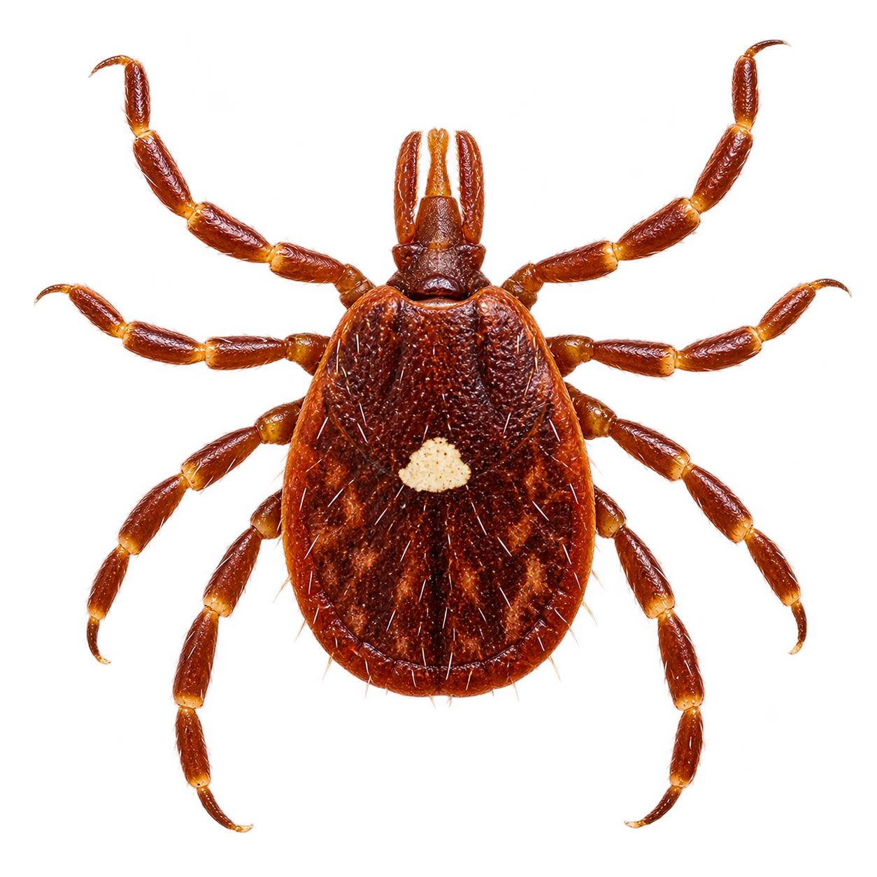Lone star tick adult female with reddish-brown body and distinctive pale spot on her back
