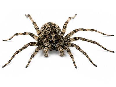 Brown and gray wolf spider with a sturdy body and patterned legs