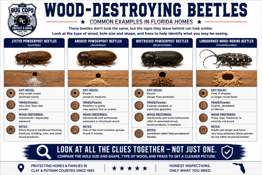 Educational comparison graphic showing Lyctid, Anobiid, and Bostrichid powderpost beetles and longhorned wood-boring beetles with examples of exit holes and frass.
