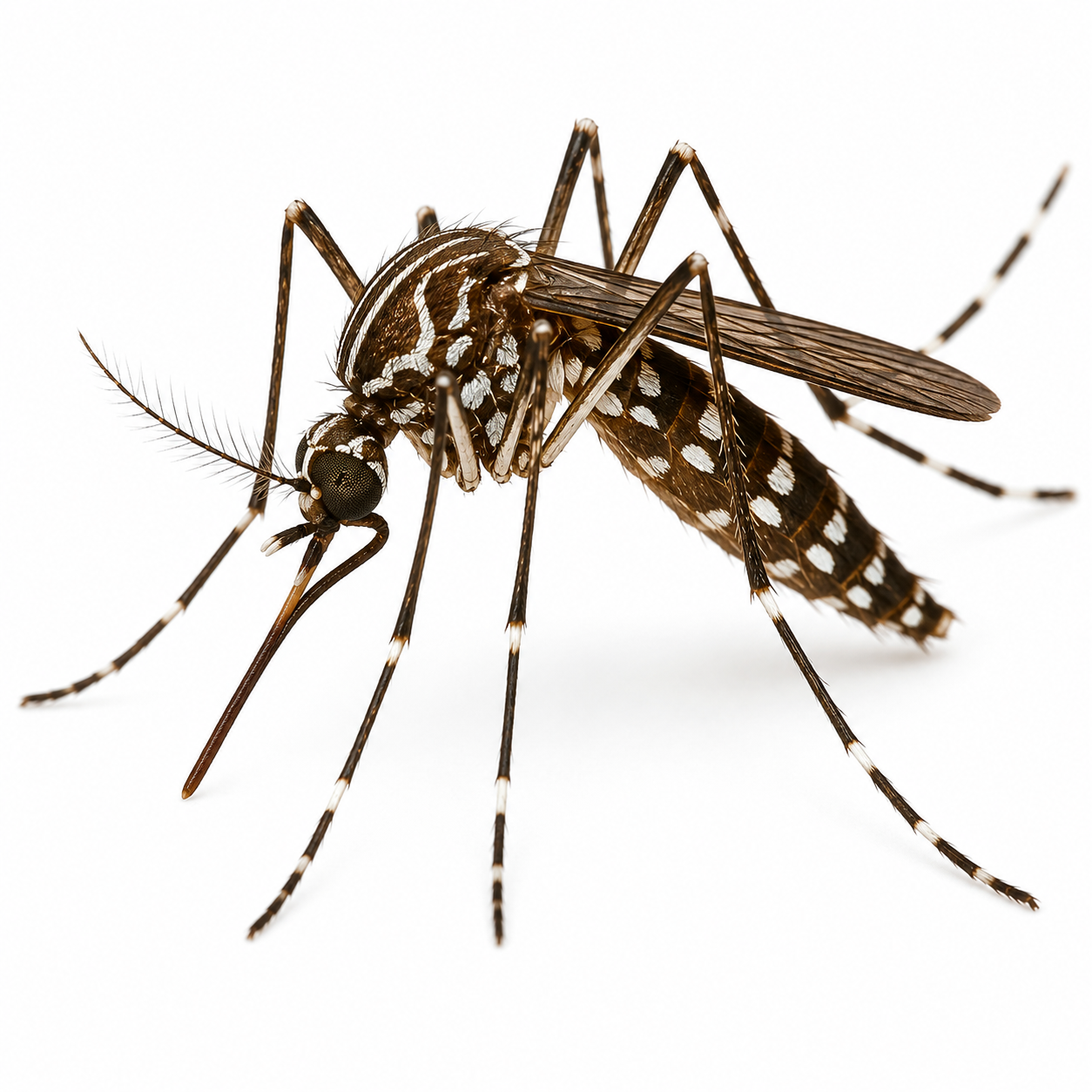 Yellow fever mosquito with distinctive lyre-shaped white markings on the thorax and white-banded legs