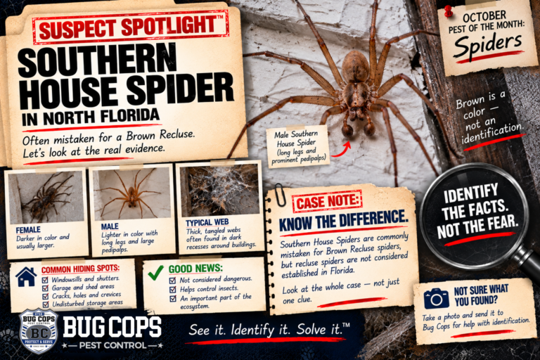 Suspect Spotlight graphic about Southern House Spiders in North Florida, showing male and female spiders, identification clues, web behavior, and common hiding places.