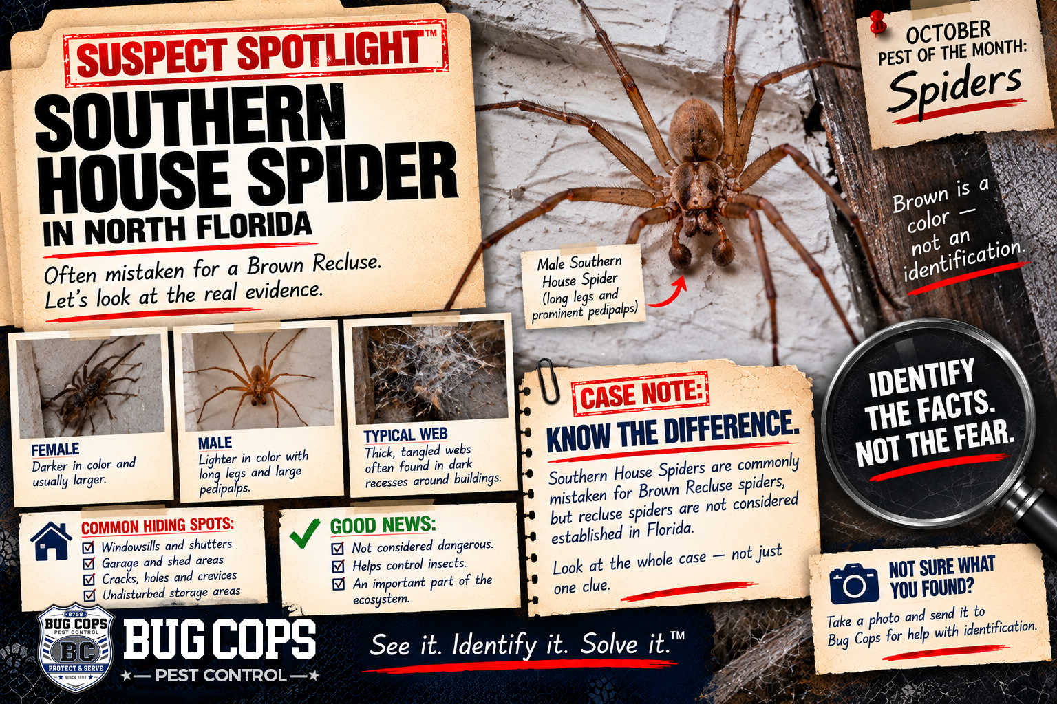 Suspect Spotlight graphic about Southern House Spiders in North Florida, showing male and female spiders, identification clues, web behavior, and common hiding places.