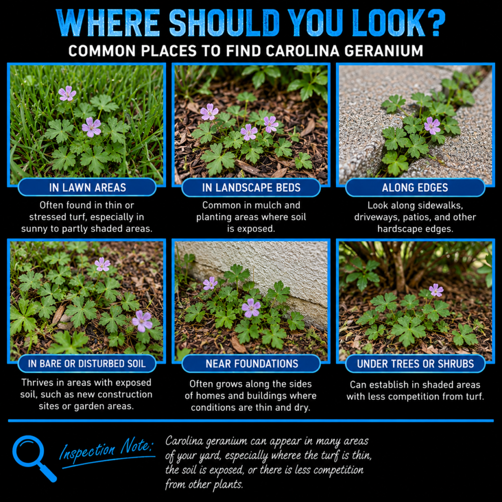 Carolina geranium growing in lawns, landscape beds, along edges, disturbed soil, near foundations, and under trees or shrubs