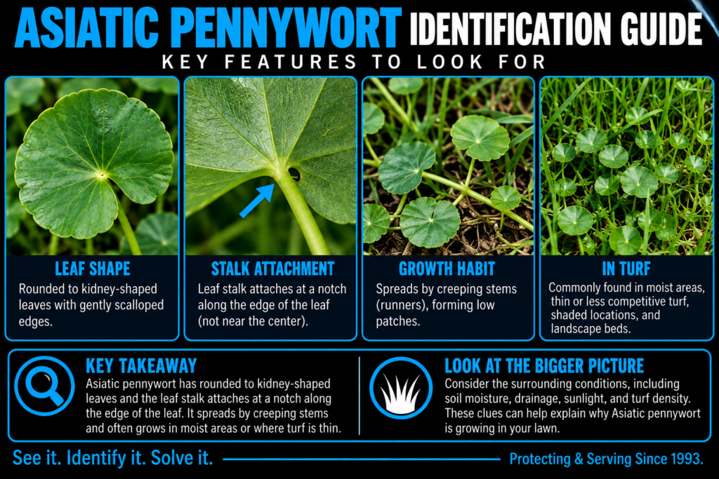 Asiatic pennywort identification showing rounded kidney-shaped leaves, leaf stalk attachment, creeping stems, and growth in turf