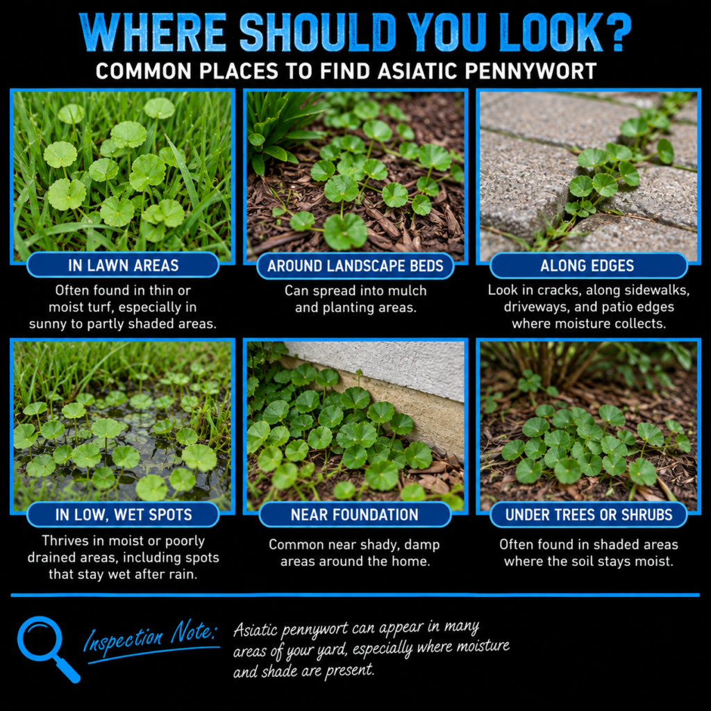 Asiatic pennywort growing in lawn areas, landscape beds, along edges, low wet spots, near foundations, and under trees or shrubs