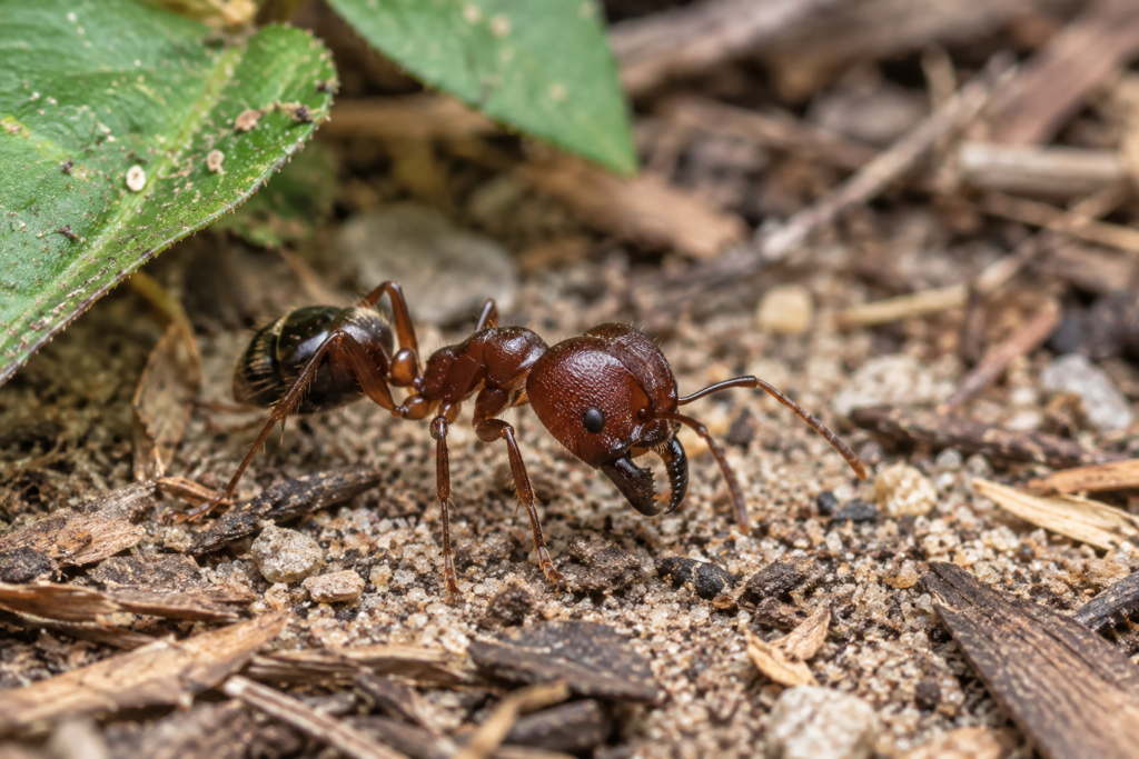 Bigheaded ant major worker on sandy soil and mulch with its enlarged head and mandibles visible.