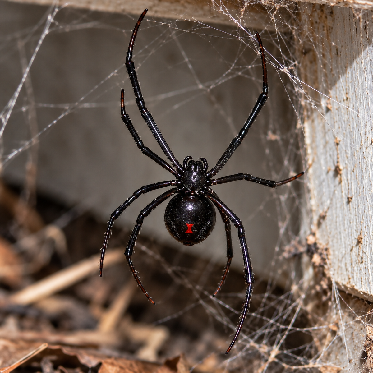 Female black widow spider in an irregular web with a small red hourglass visible on the underside of the abdomen.