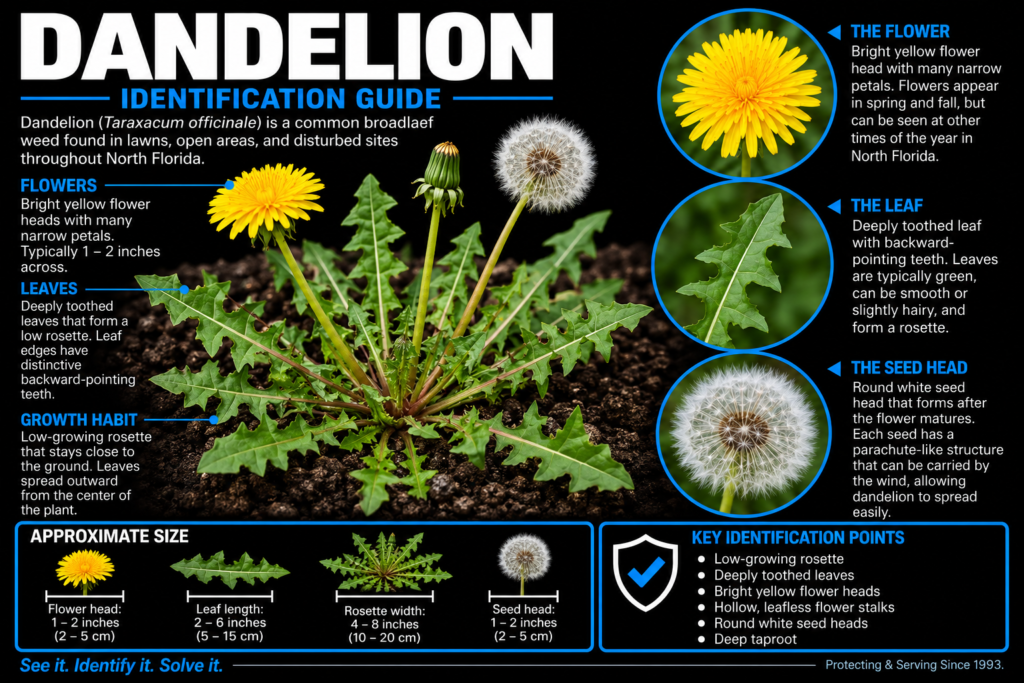 Dandelion identification showing yellow flower, deeply toothed leaves, low-growing rosette, white seed head, and key identification features