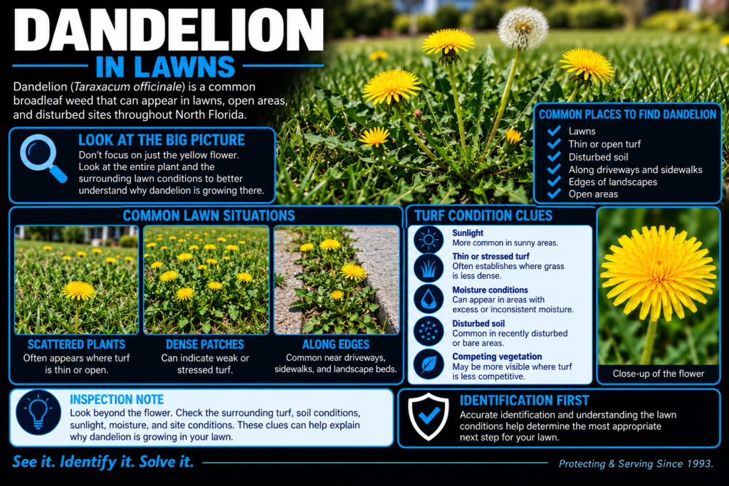 Dandelions growing in lawns showing scattered plants, dense patches, lawn edges, and turf condition clues