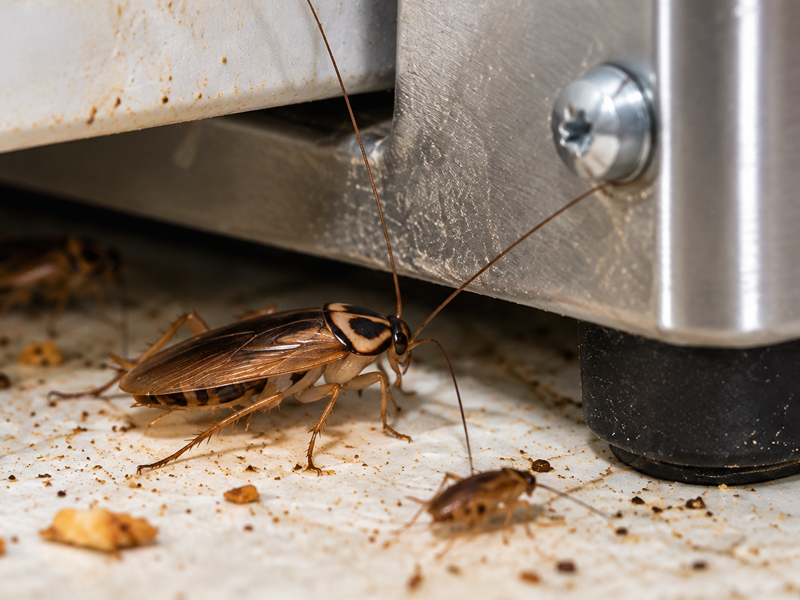 German cockroaches near the base of a kitchen appliance with food debris nearby