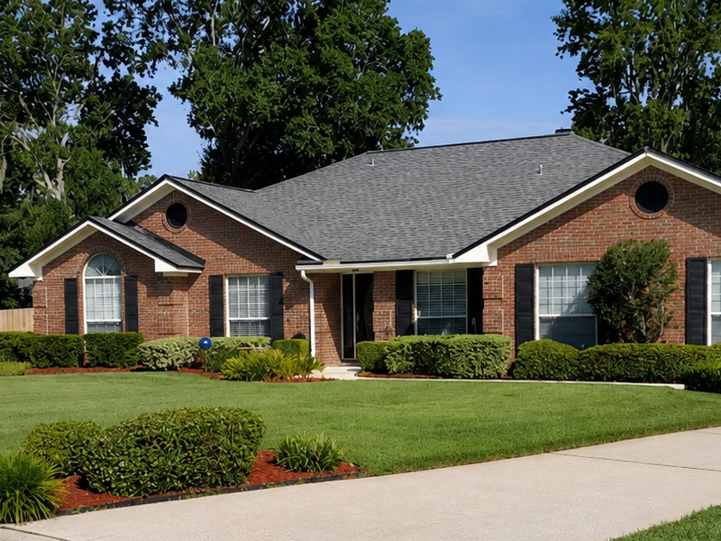 Florida home with maintained lawn and ornamental landscaping