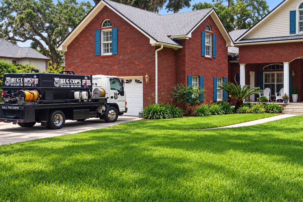 Bug Cops providing lawn and ornamental care at a North Florida residential property.