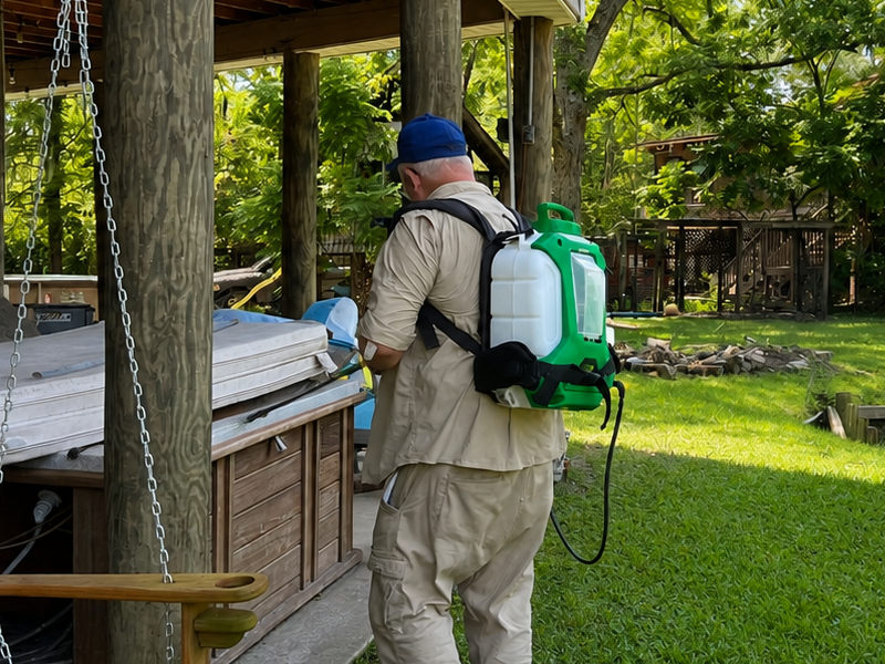 Bug Cops technician applying a preventative pest treatment around the exterior perimeter of a Florida home