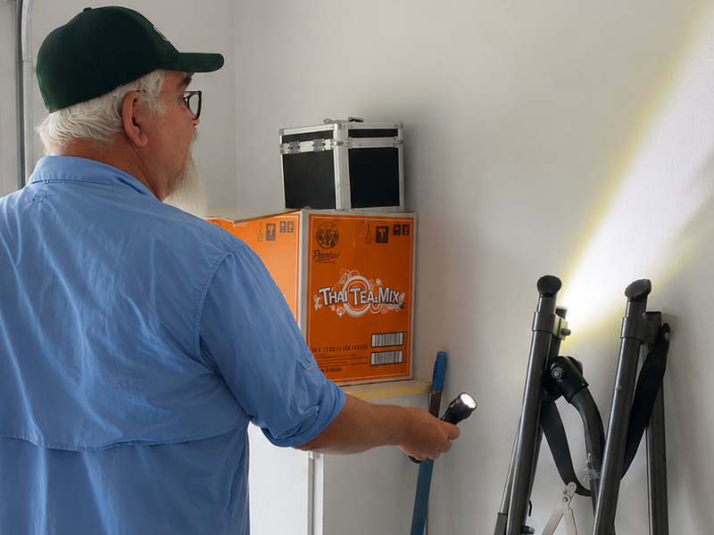 Bug Cops technician inspecting a Florida garage for signs of termite activity