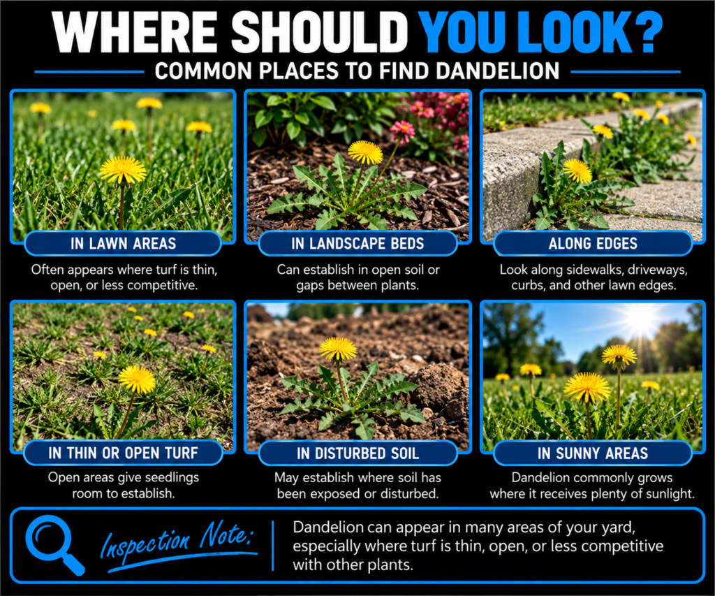 Dandelions growing in lawn areas, landscape beds, lawn edges, thin turf, disturbed soil, and sunny areas