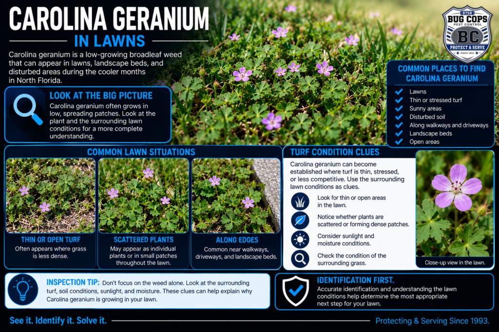 Carolina geranium growing in turf with examples of thin grass, scattered plants, lawn edges, and surrounding conditions