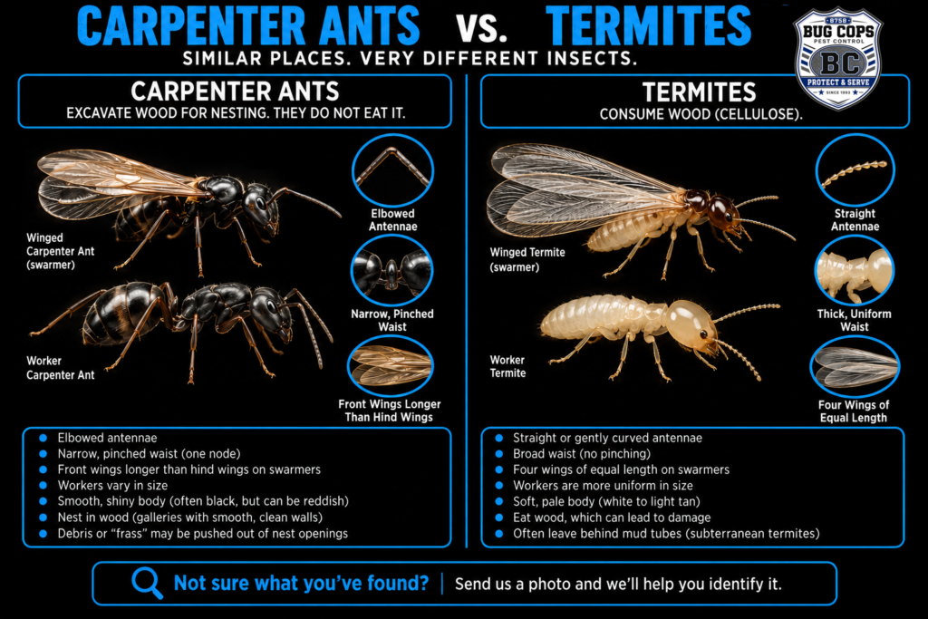 Carpenter Ant Identification Guide comparing carpenter ants and termites by antennae, waist shape, wings, and wood activity.